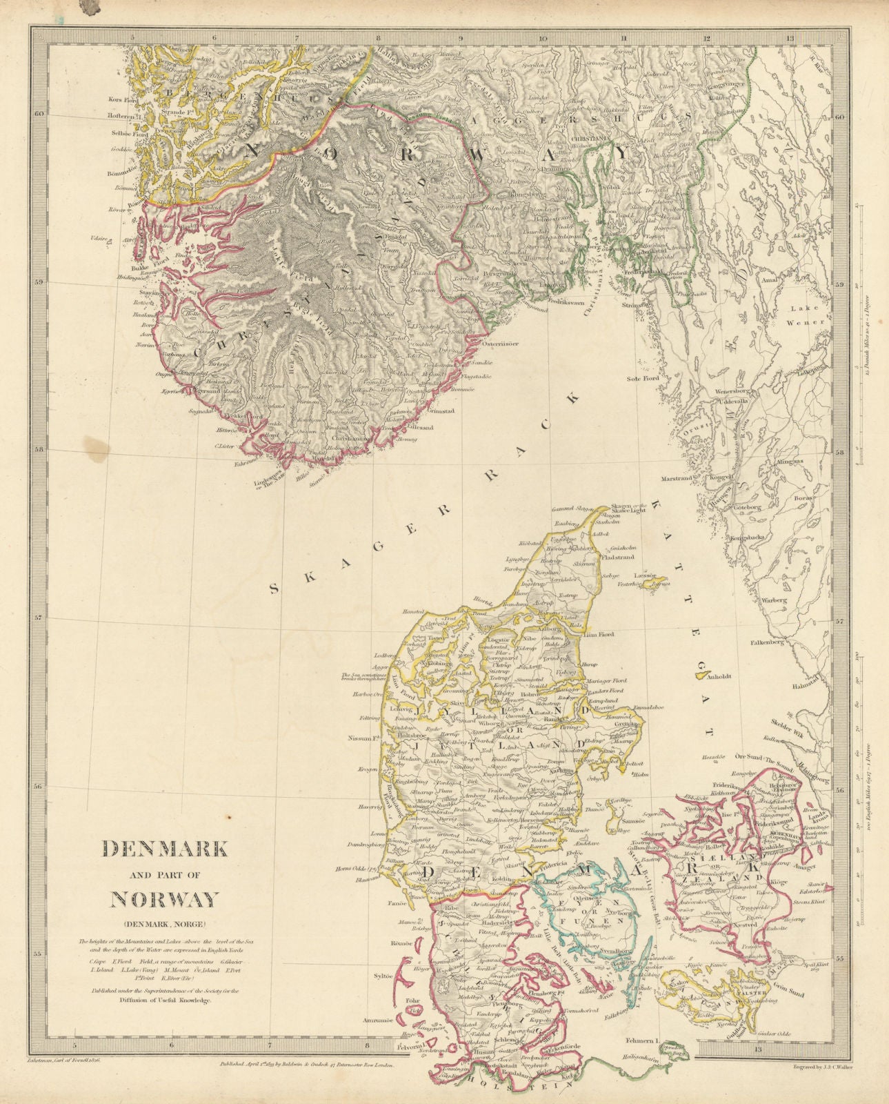 SCANDINAVIA. Denmark and Southern Norway (Norge) . SDUK 1844 old antique map